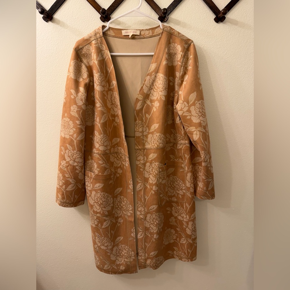 Solitaire Anthropologie Floral Faux Vegan Suede Duster Jacket Coat - Sz large